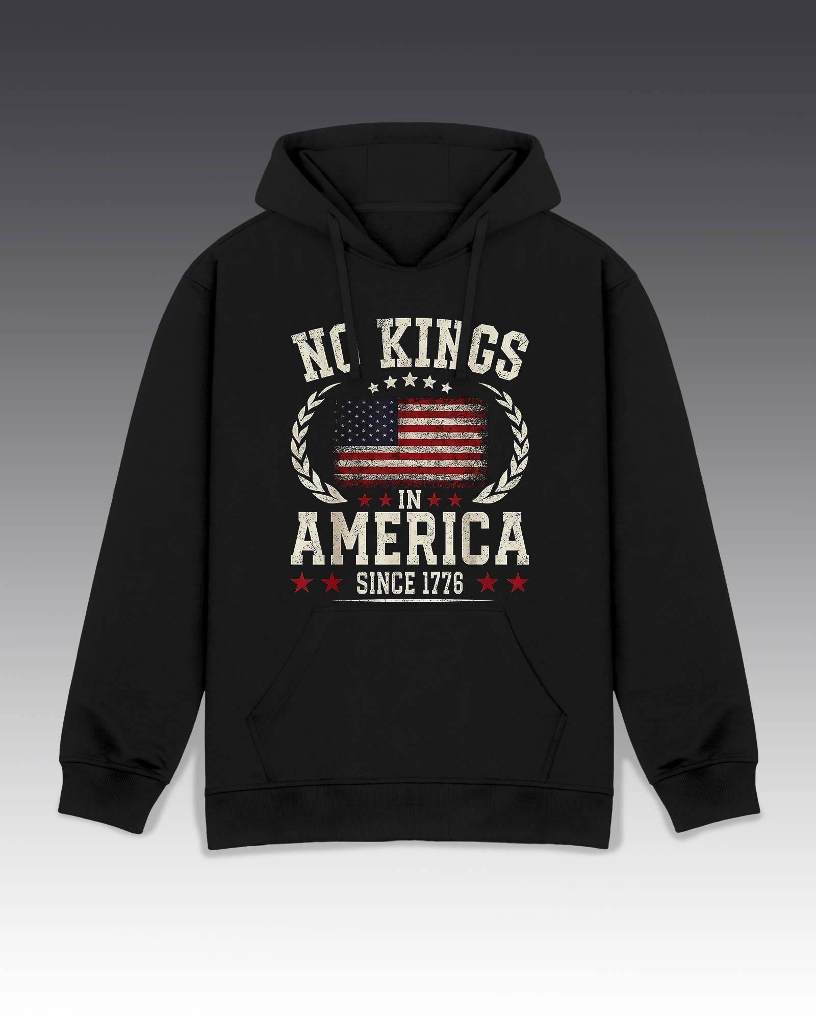 DIYANYONE Original Patriotic "NO KINGS IN AMERICA" Hoodie - Heavyweight Cotton Blend Pullover, Distressed US Flag Vintage Americana Hoodies