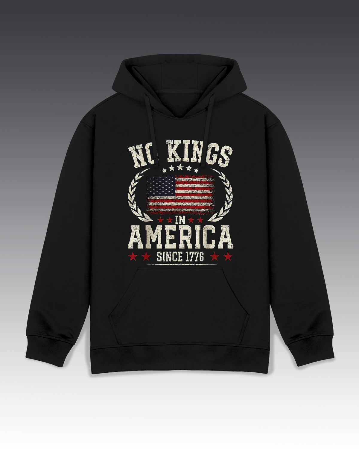 DIYANYONE Original Patriotic "NO KINGS IN AMERICA" Hoodie - Heavyweight Cotton Blend Pullover, Distressed US Flag Vintage Americana Hoodies