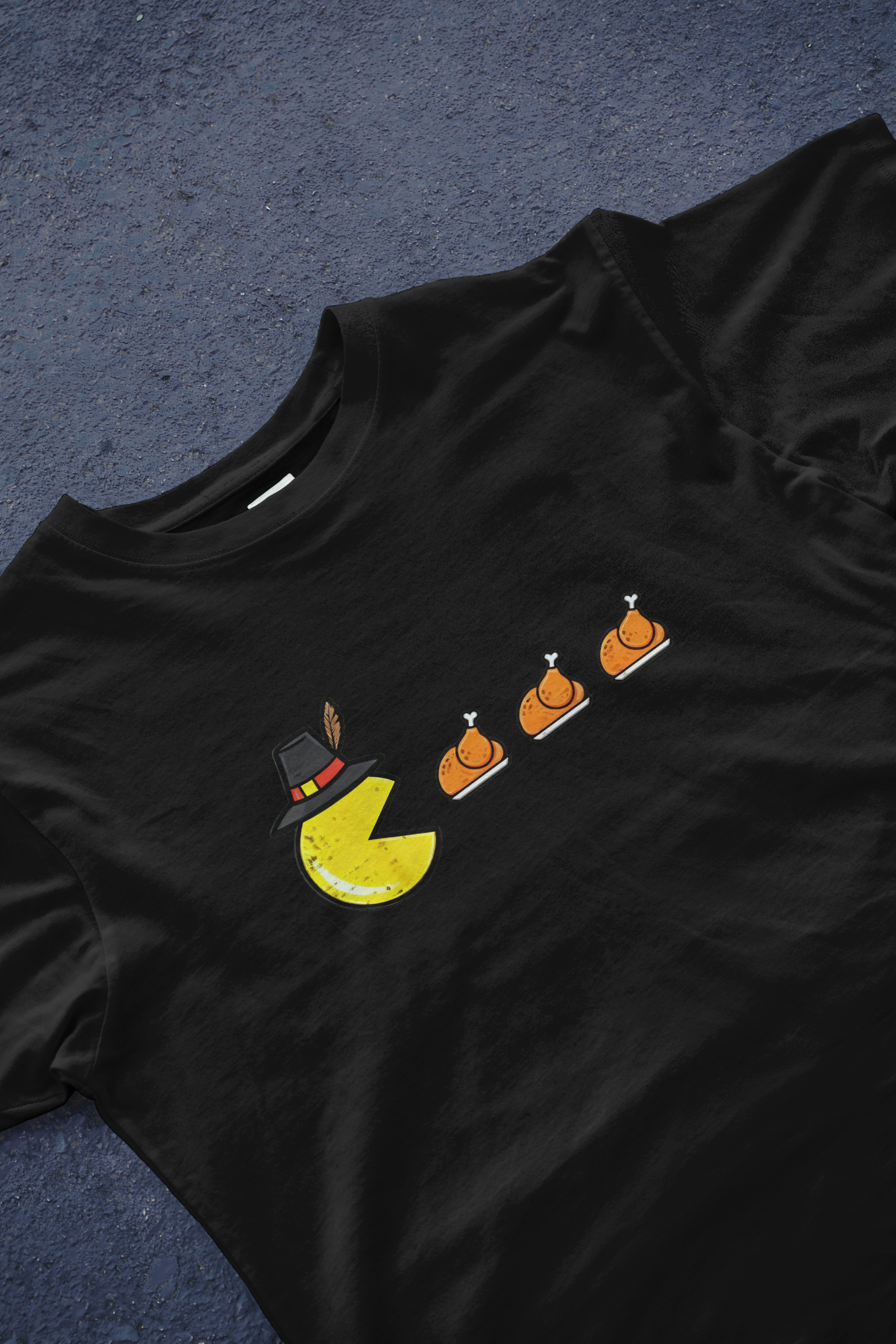 DIYANYONE Original Retro Gaming Tee: Pac-Man Pilgrim Turkey Feast Hunt