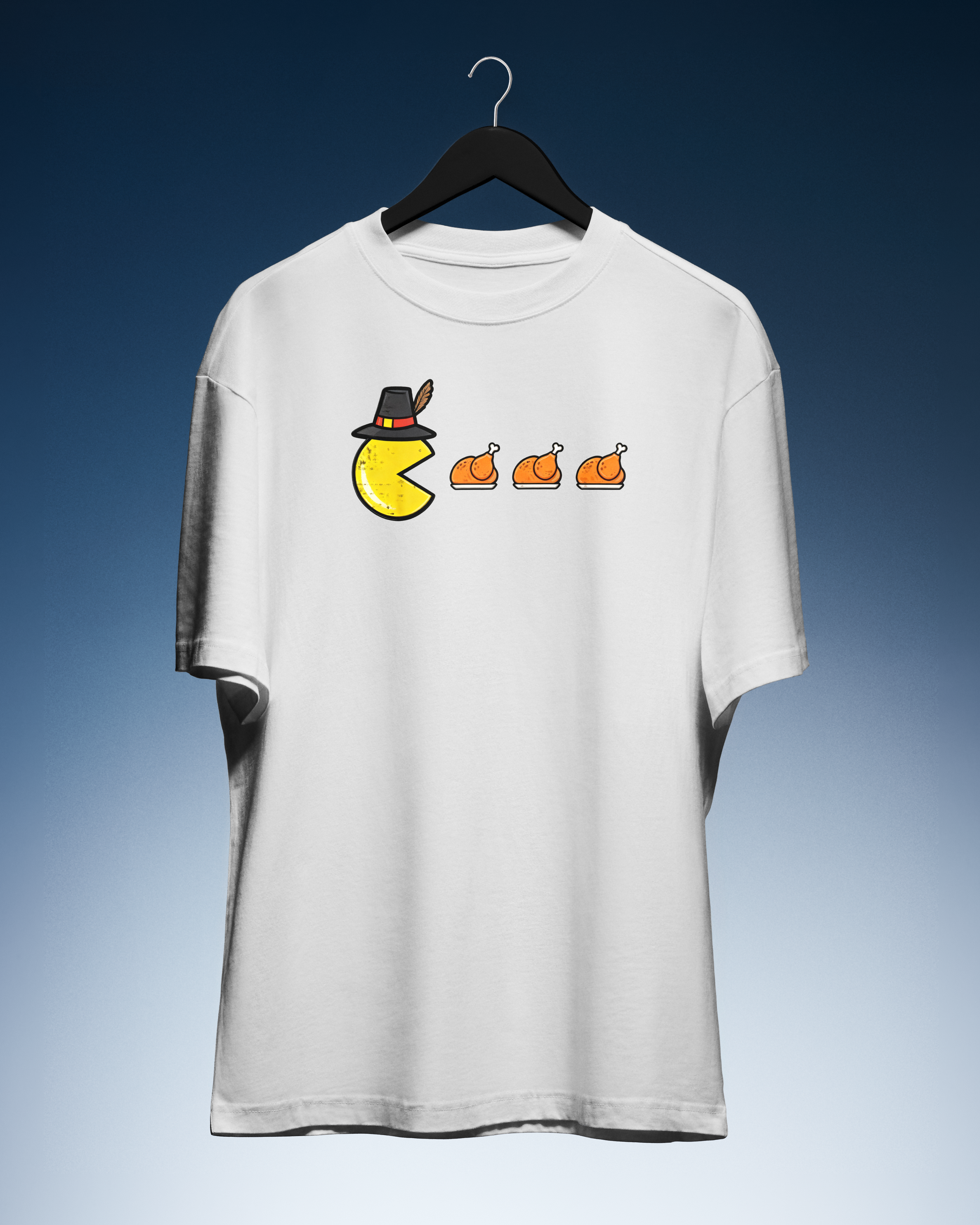 DIYANYONE Original Retro Gaming Tee: Pac-Man Pilgrim Turkey Feast Hunt