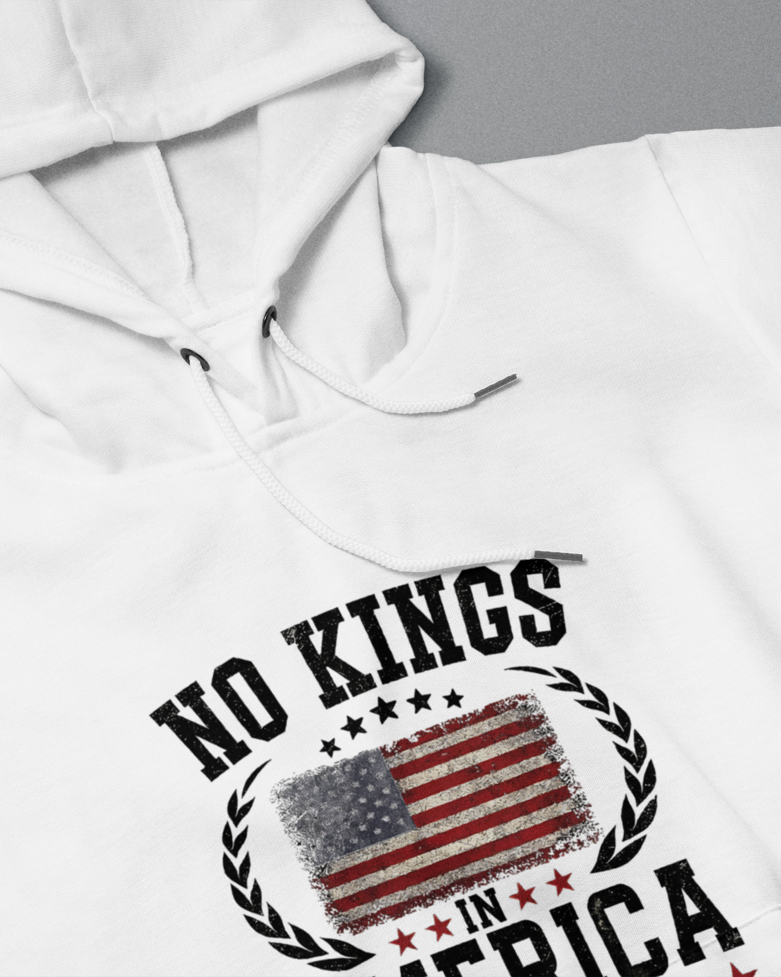DIYANYONE Original Patriotic "NO KINGS IN AMERICA" Hoodie - Heavyweight Cotton Blend Pullover, Distressed US Flag Vintage Americana Hoodies