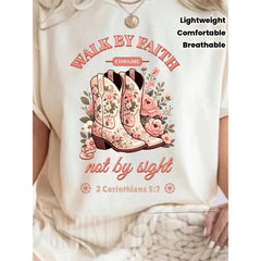 Women'S Christian Faith T-Shirt - "Walk By Faith, Not By Eyes" Bible Verse Pattern T-Shirt - Soft And Breathable Crew Neck Top - Lightweight Everyday Religious Shirt For Women - Pastor'S Inspiration Bible Verse Apparel - Faith-Inspired Gift Idea