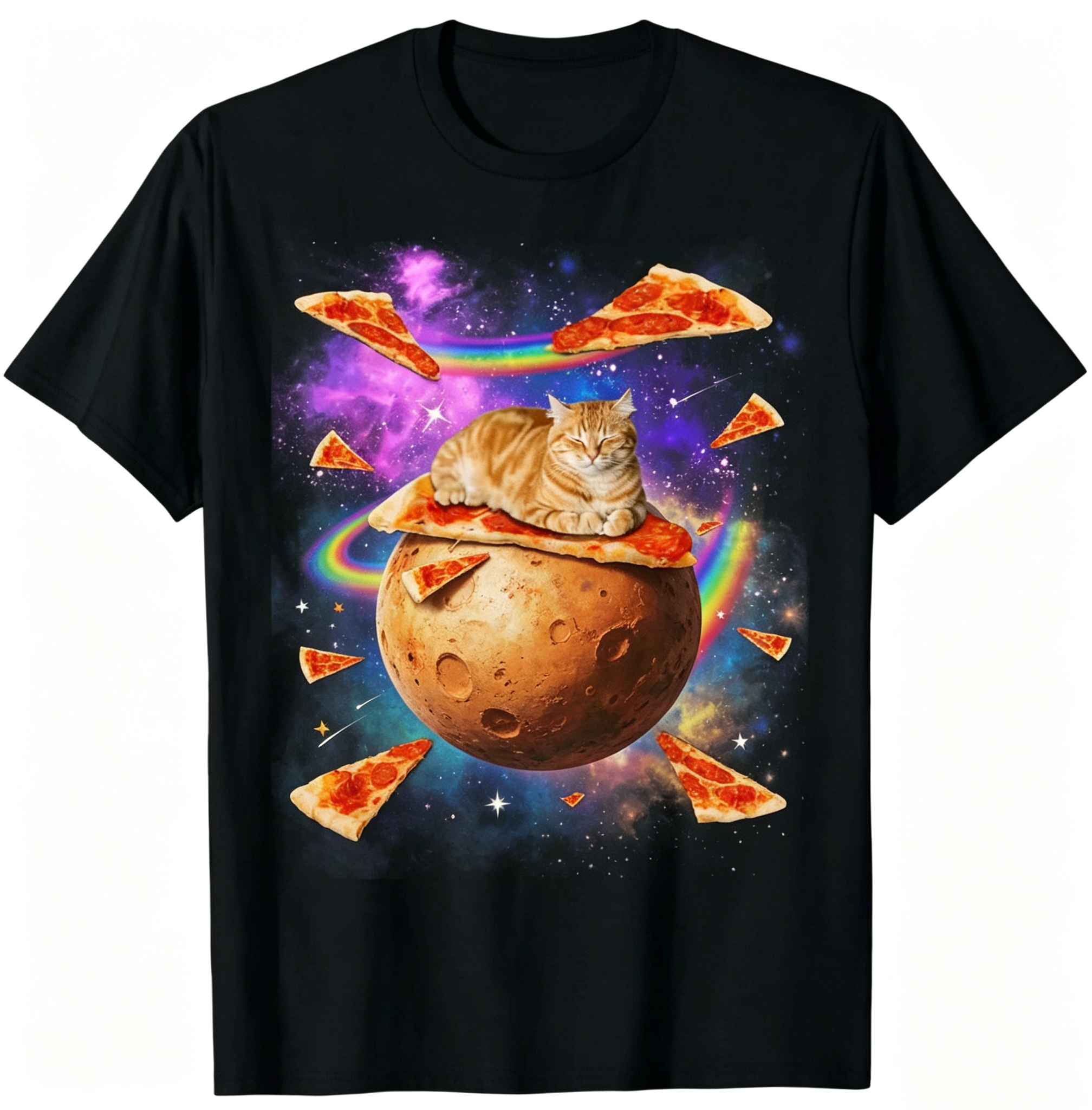100% Cotton Funny Galaxy Cat In Space Cat Riding Pizza T-Shirt Casual Novelty Cotton Apparel for Men Women Graphic Tee