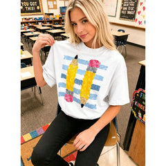 Retro Pencil Graphic Teacher Shirt Cute Alphabet Print Classroom Top Casual Breathable Cotton Tee For Educators Back To School