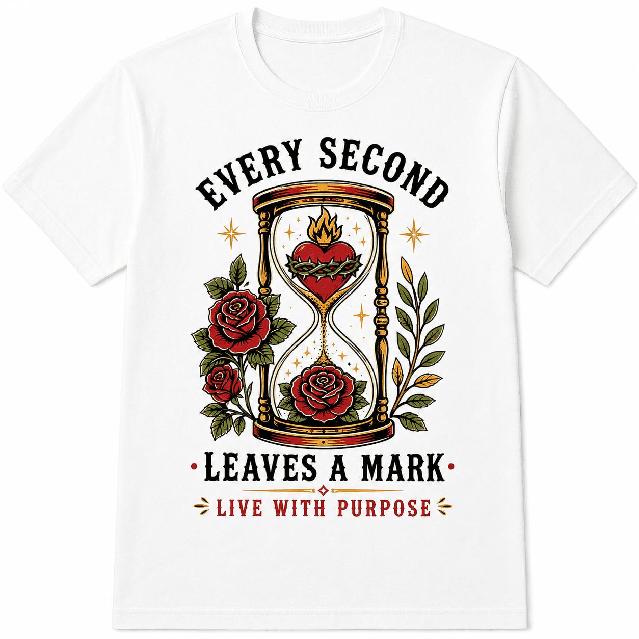 Vintage Hourglass Tattoo T-Shirt Gothic Rose Every Second Leaves Mark Time Flies Dark Aesthetic Retro Streetwear Unisex Soft Cotton Casual Top Crew Neck Memento Mori Style