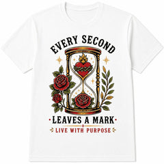 Vintage Hourglass Tattoo T-Shirt Gothic Rose Every Second Leaves Mark Time Flies Dark Aesthetic Retro Streetwear Unisex Soft Cotton Casual Top Crew Neck Memento Mori Style
