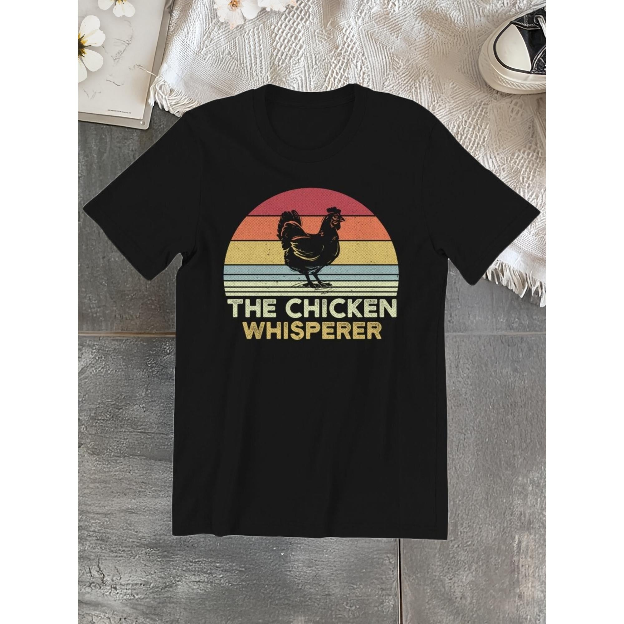 Summer Round Neck Short Sleeved Top Black, Vibrant Sunset Rooster Print, Casual and Versatile