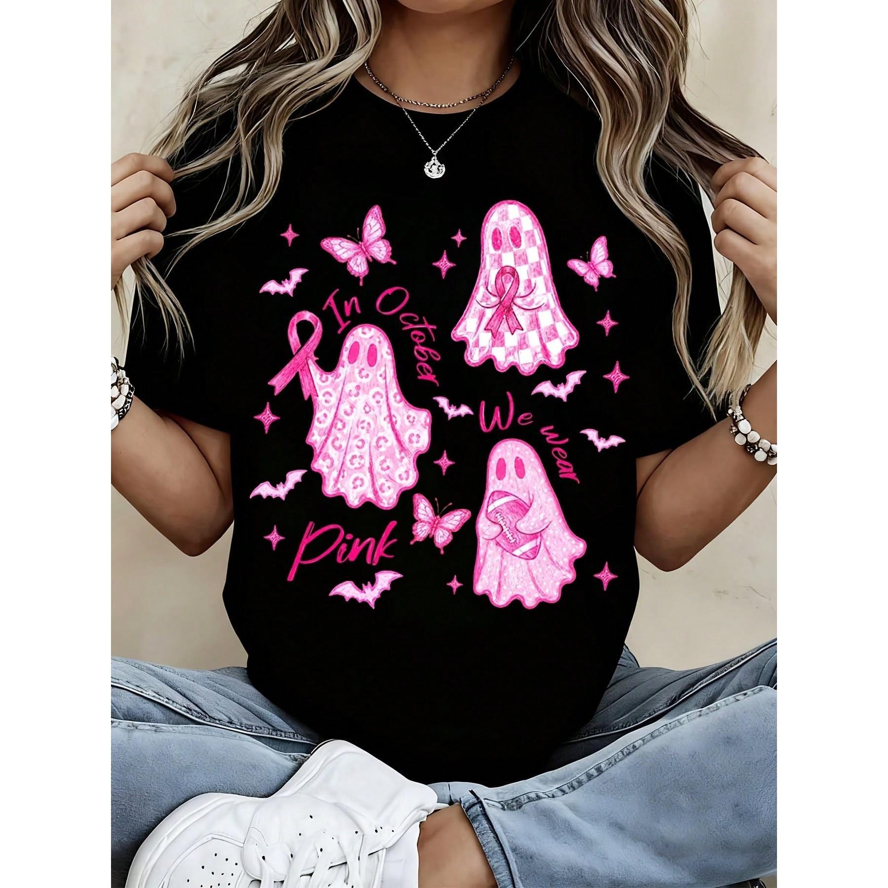Women Breast Cancer Awareness Pink Ghost Butterfly In October We Wear Pink T Shirt Casual Halloween Graphic Tee Support Gift