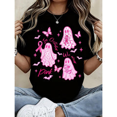 Women Breast Cancer Awareness Pink Ghost Butterfly In October We Wear Pink T Shirt Casual Halloween Graphic Tee Support Gift