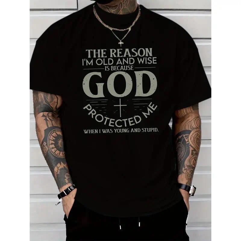 Men's Graphic Tshirt - "God Bless Me" Letter Print, Casual Short-Sleeve Cotton Round-Neck Tee for Summer Everyday Wear