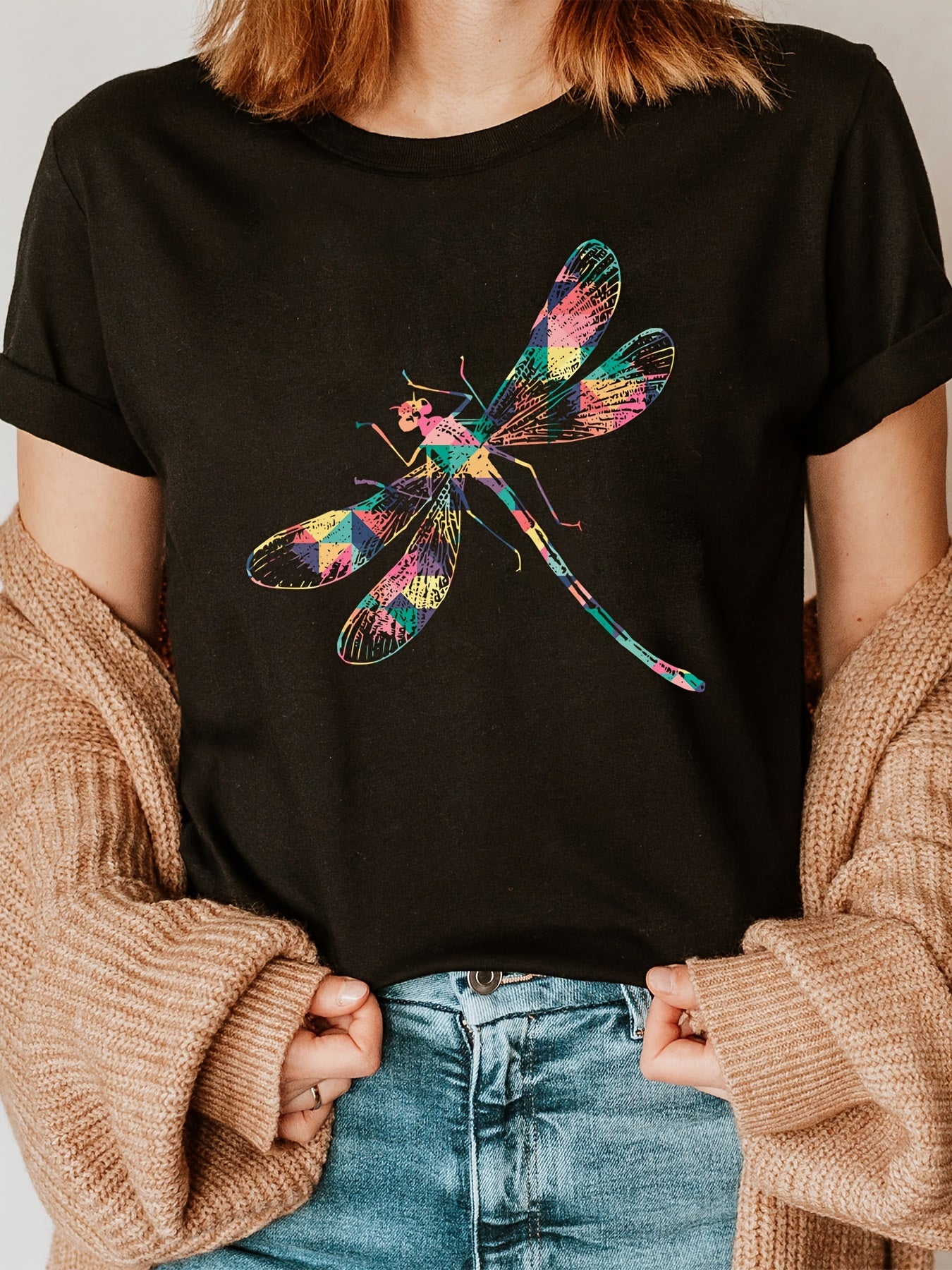 Women's Dragonfly Print T-Shirt - Short Sleeve Crew Neck Casual Top for Summer & Spring, Vibrant Multicolor Design, Perfect for Casual Attire