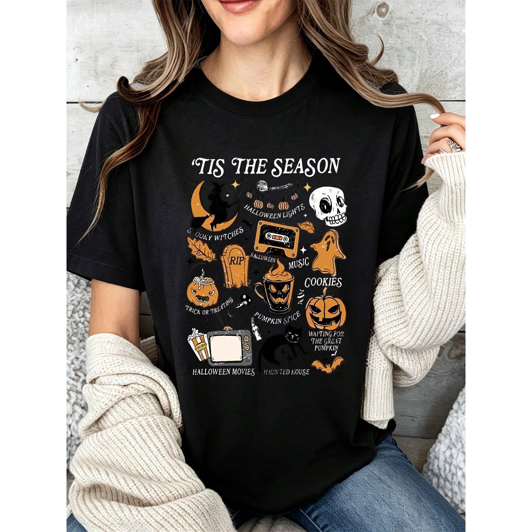 Women Casual Halloween Graphic Tee Tis The Season Witch Skull Pumpkin Ghost Cassette Tape Print Top Autumn Festival Gift For Friends