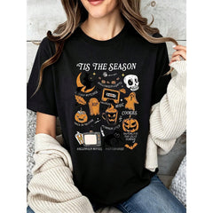 Women Casual Halloween Graphic Tee Tis The Season Witch Skull Pumpkin Ghost Cassette Tape Print Top Autumn Festival Gift For Friends