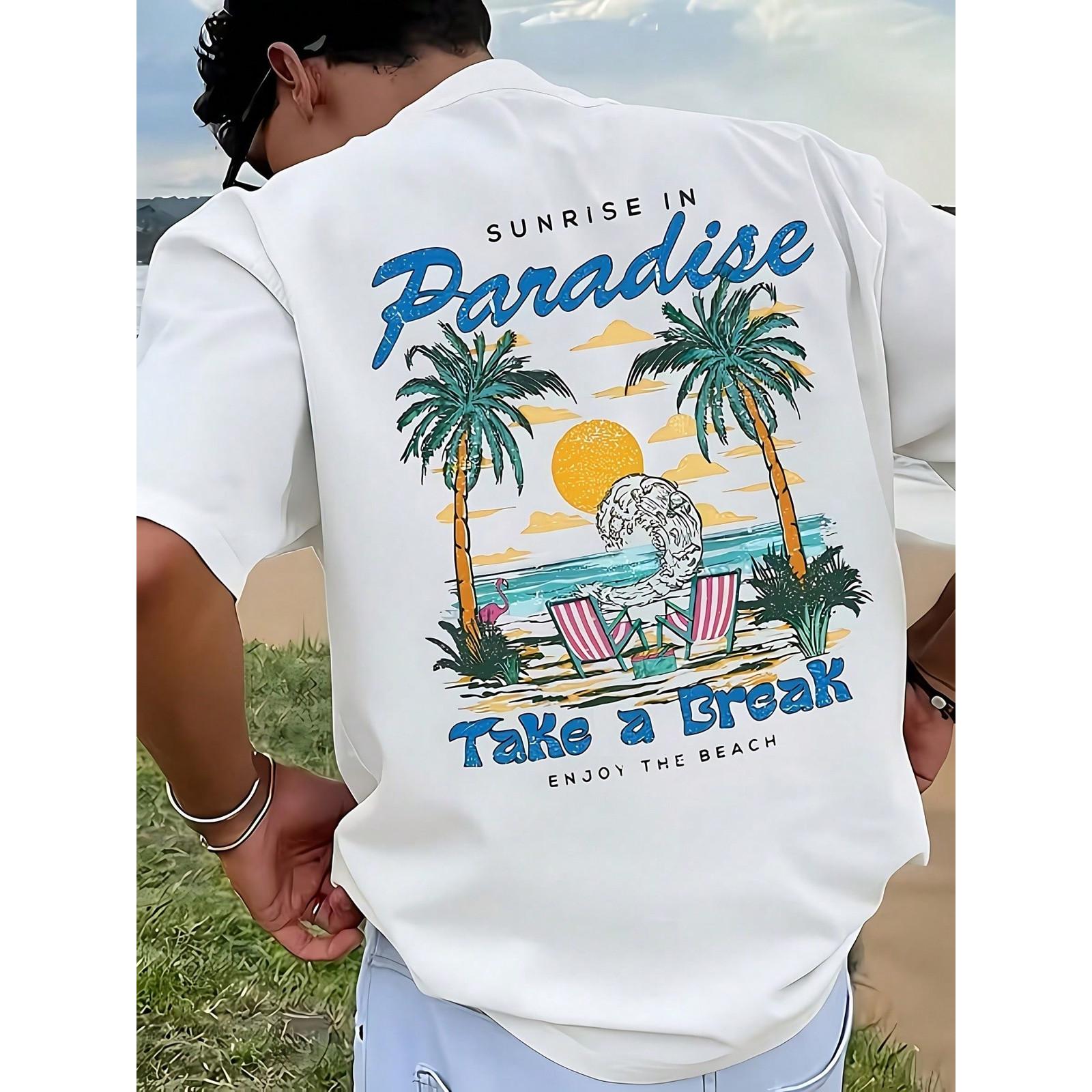 Men's "Sunrise In Paradise" Beach Graphic T-Shirt, Casual Summer Vacation Tee