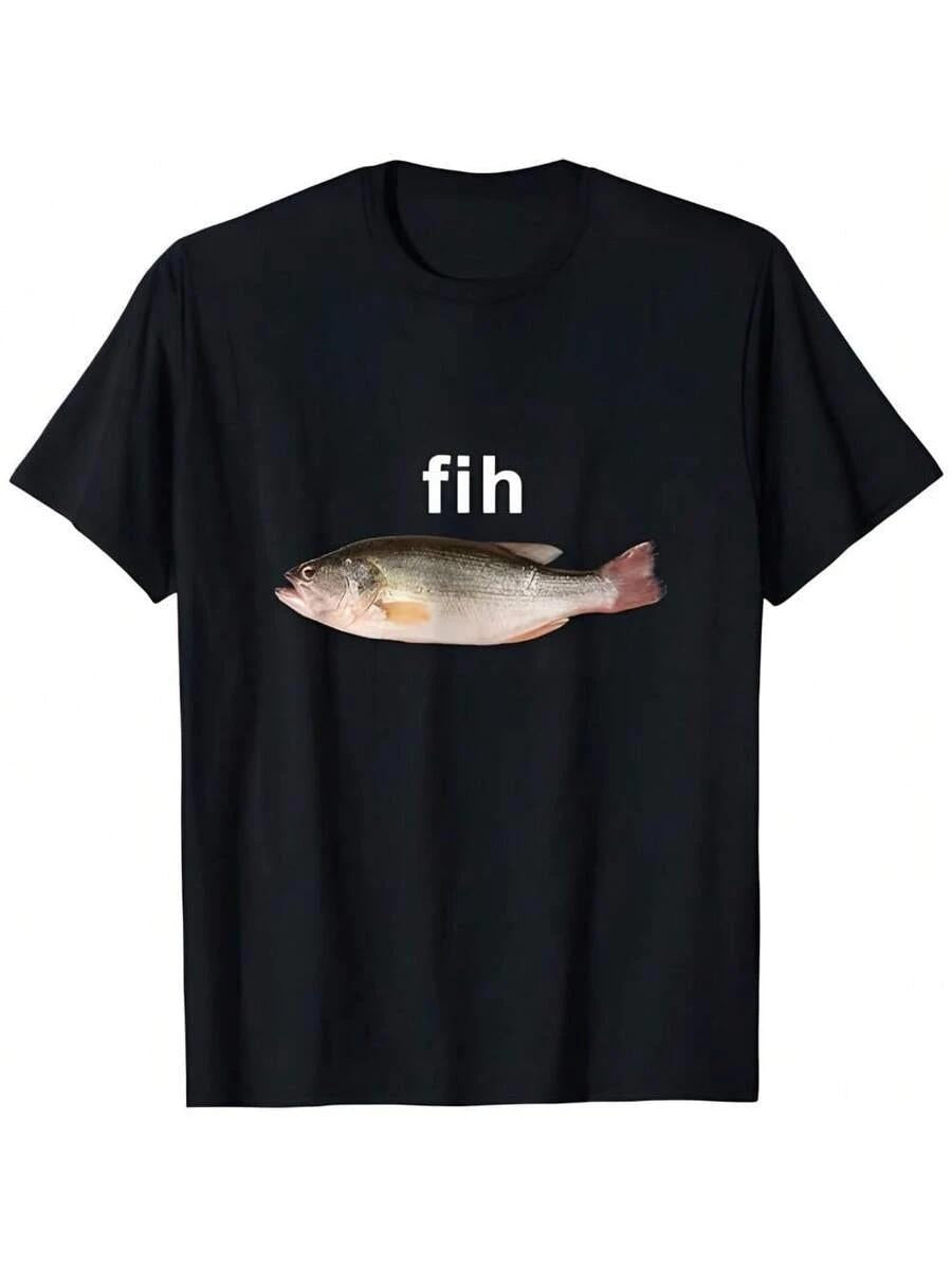 "Fih" Funny Misspelled Fish Meme, Simple Humor T-Shirt,100% Cotton Short Sleeve Classic Heavy Cotton T Shirt Printed Graphic Tee Women's Casual Short-Sleeved Top,Unisex Soft Fabric, Breathable, Comfortable Casual Fashion Short Sleeve T-Shirts Perfect For