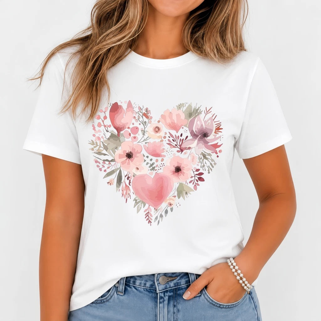 Women's Short Sleeve T-Shirt Love Heart Floral Print Blouse Round Neck Top