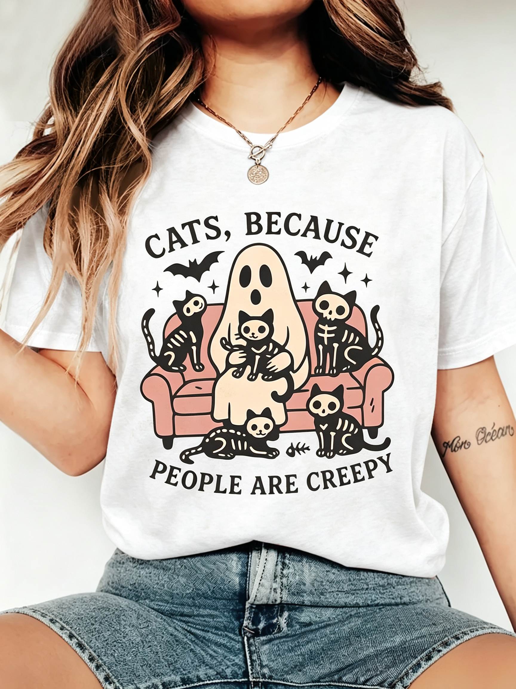 Cats Because People Are Creepy T-Shirt Ghost Skeleton Cat Tee