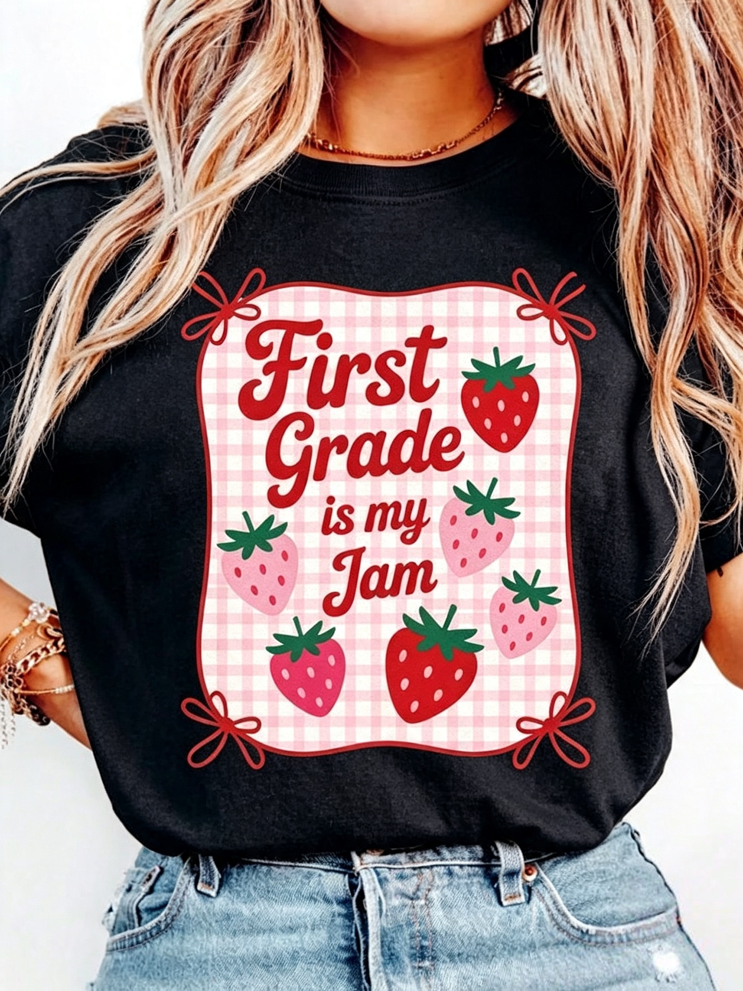 First Grade Is My Jam Graphic T‑Shirt for Women, Sweet Strawberry Plaid Casual Crewneck Short Sleeve Tee, Elementary Teacher Gift Top
