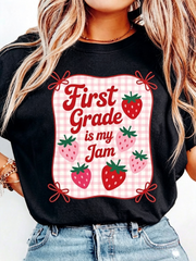 First Grade Is My Jam Graphic T‑Shirt for Women, Sweet Strawberry Plaid Casual Crewneck Short Sleeve Tee, Elementary Teacher Gift Top