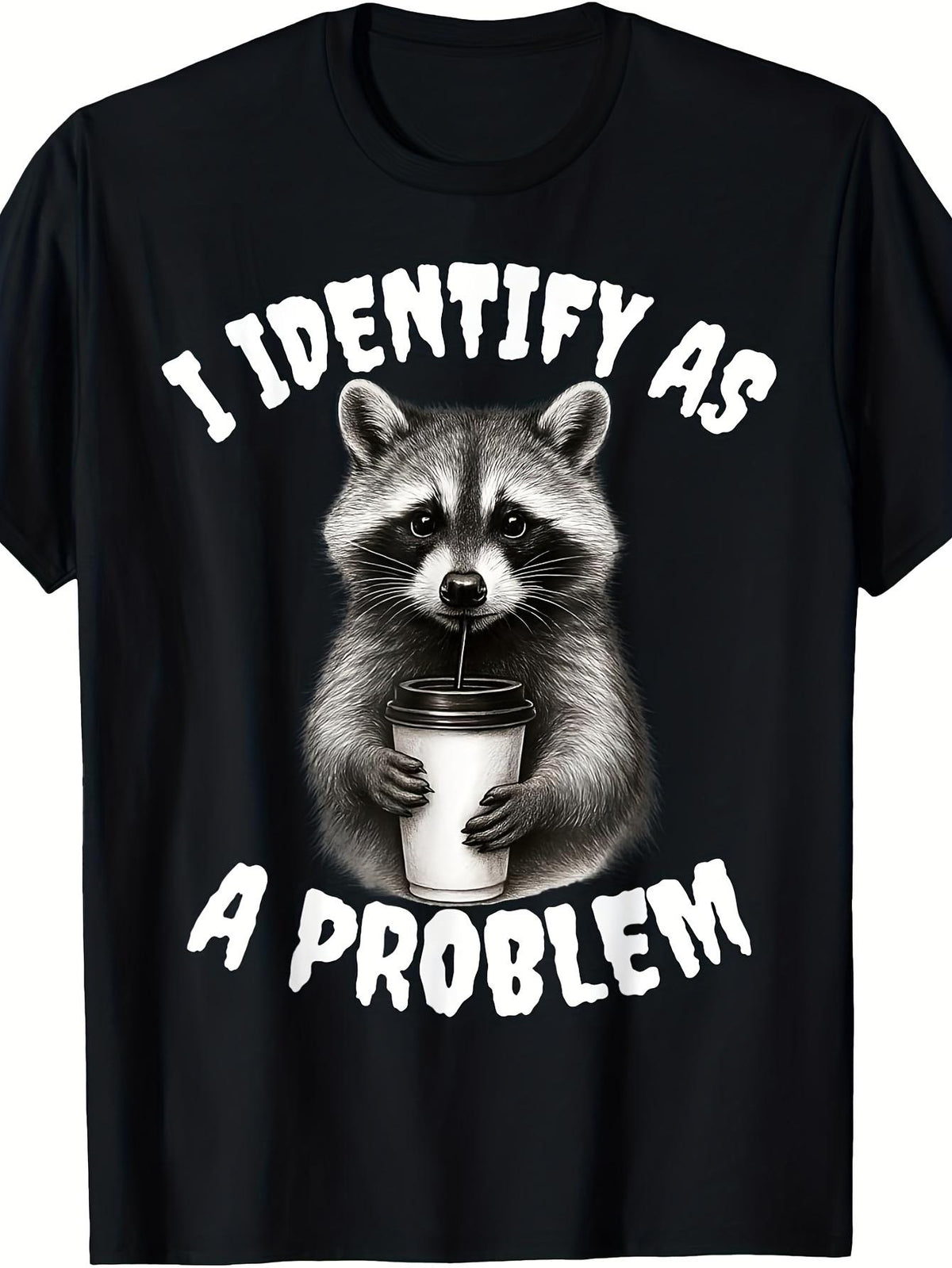 Funny Raccoon Meme T-Shirt - "I Identify As a Problem Raccoon" Slogan with Raccoon Mask Logo - Casual & Party Wear Novelty Tee for Animal Lovers, Round Neck Humor Apparel
