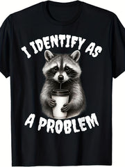 Funny Raccoon Meme T-Shirt - "I Identify As a Problem Raccoon" Slogan with Raccoon Mask Logo - Casual & Party Wear Novelty Tee for Animal Lovers, Round Neck Humor Apparel