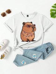 Women's Casual Fashion Creative Cute Cartoon Capybara Pattern Printed Basic Short Sleeve T-Shirt Capybara T-Shirt Cute Graphic Tees Cartoon T-Shirt Animal Graphic Tee Heart Graphic Tee Cartoon Graphic Tee Animal T-Shirt
