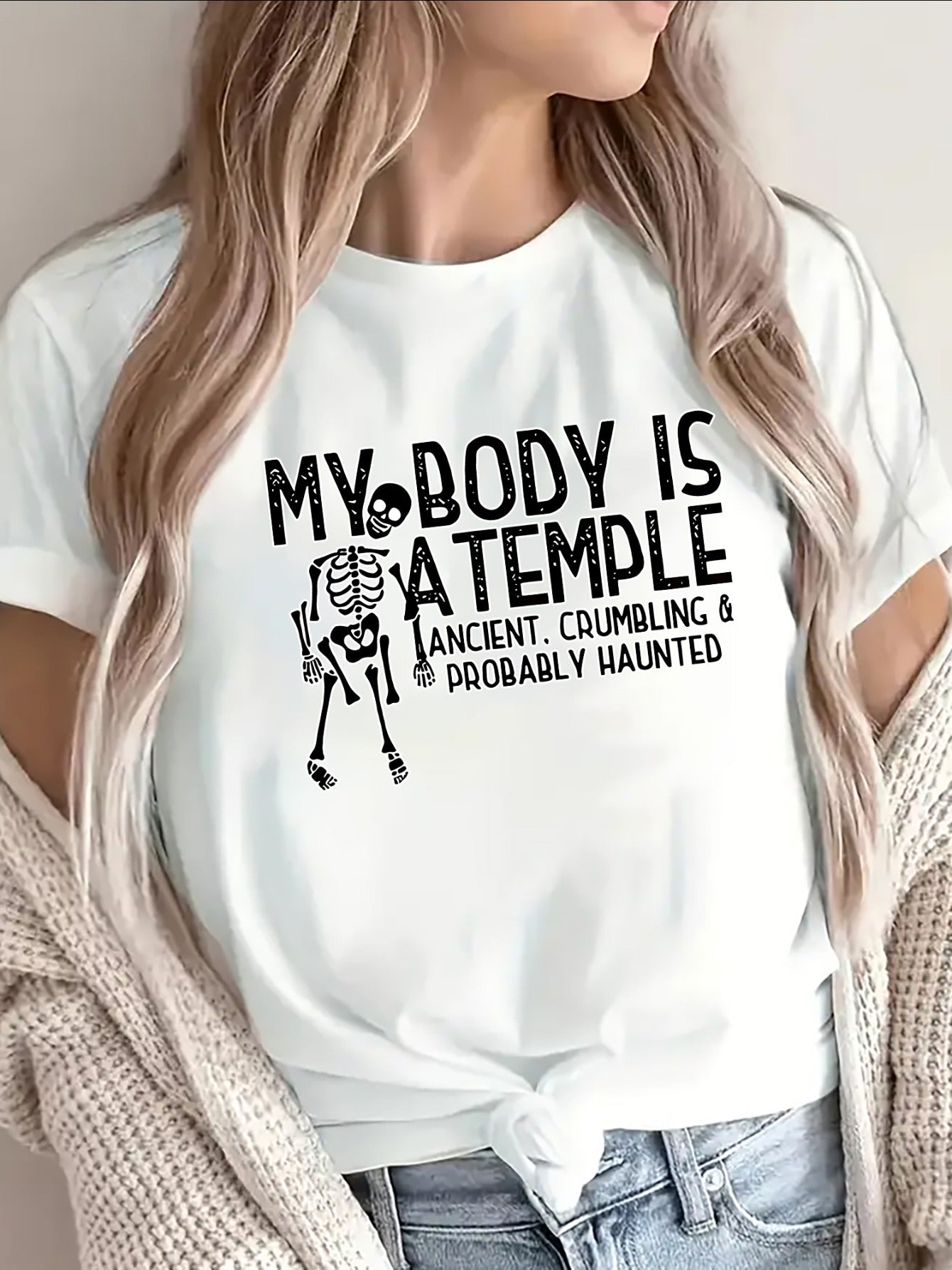 Short Sleeve TShirt with My Body Is A Temple Graphic, Funny Skeleton Design for Casual Wear, Perfect for Home Cafe or Everyday Outings