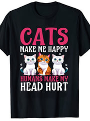 Cats Make Me Happy Humans Make My Head Hurt Graphic Tee for Women, Funny Cat Lover Short Sleeve T-Shirt, Casual Crew Neck Top for Daily Wear