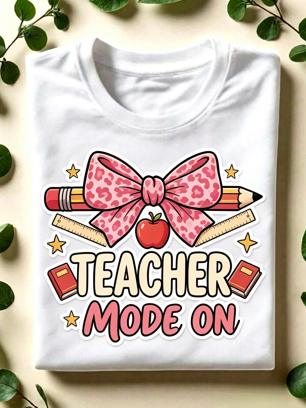 Teacher Mode On T-Shirt Coquette Pink Leopard Bow Pencil Tee Back to School Teacher Gift
