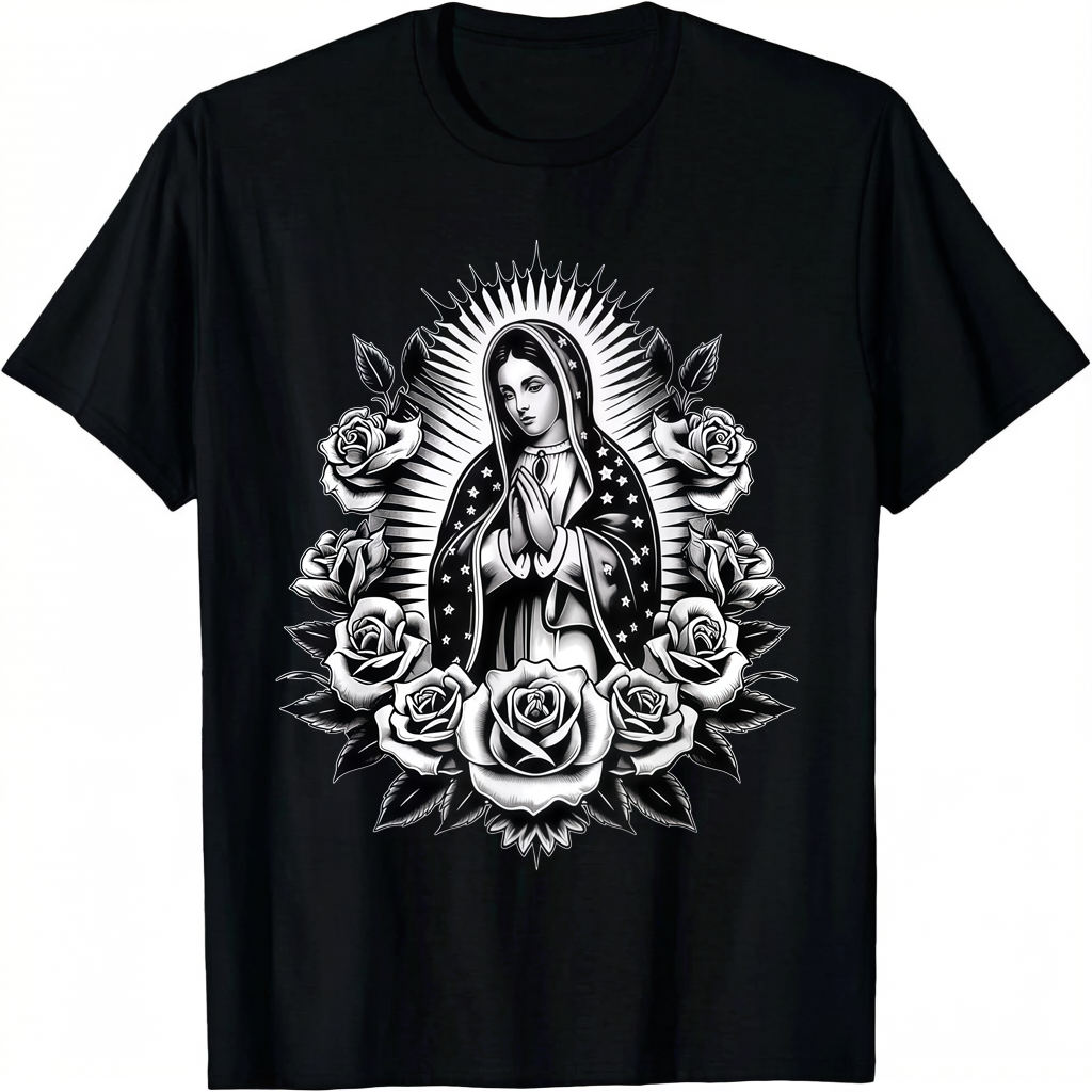 Cosas Mexicanas Apparel Co Virgen De Guadalupe Virgin Mary Virgencita Floral Tee