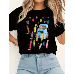 Women Crayon Hearts Print T-Shirt Soft Coloring Pages Casual Short Sleeve Crew Neck Blouse For Spring Summer Casual Top