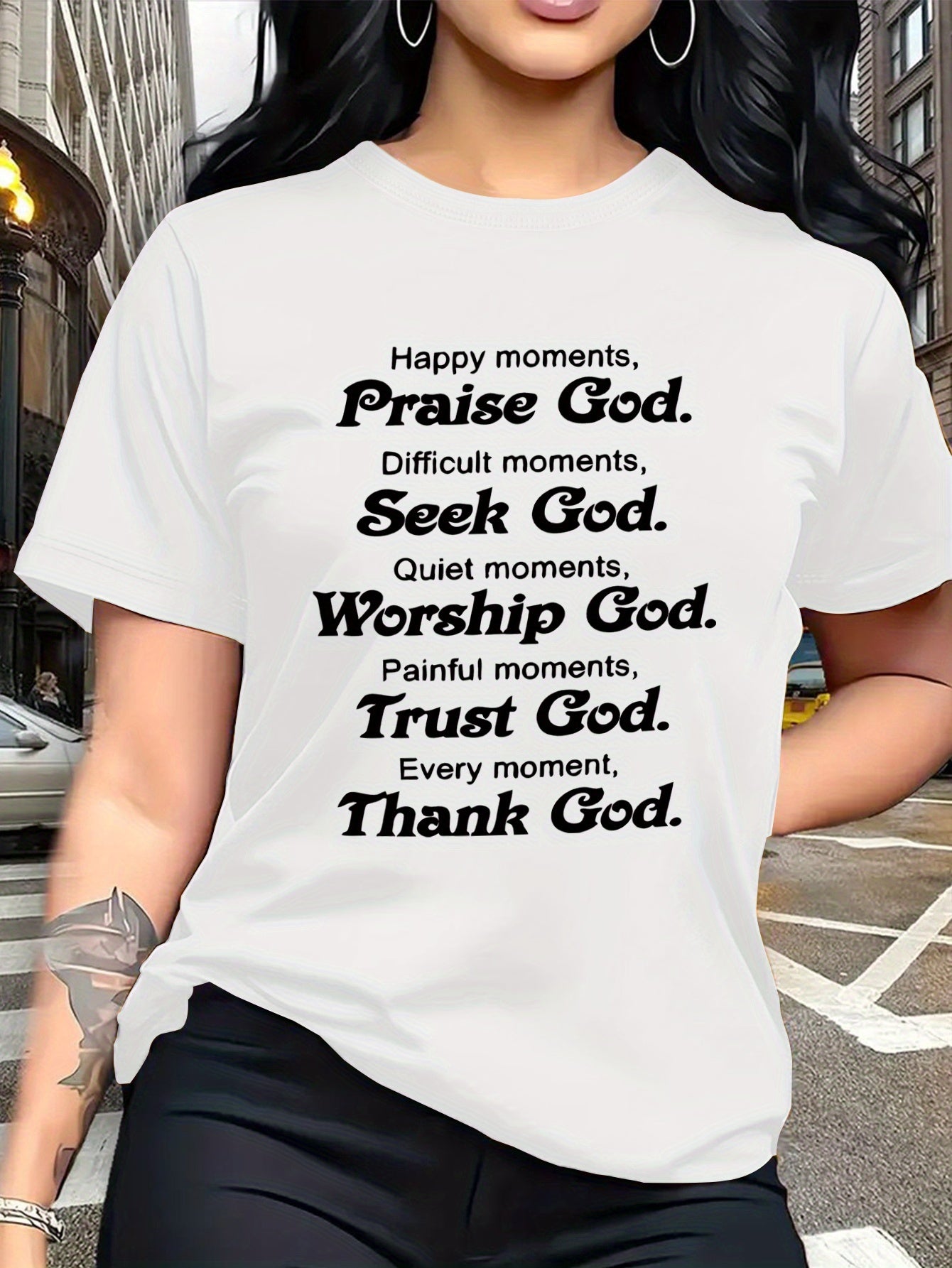 Women's Christian Faith T Shirt, Inspirational Religious Graphic Tee, Praise God Bible Quote Shirt, Spiritual Message Short Sleeve Cotton Top