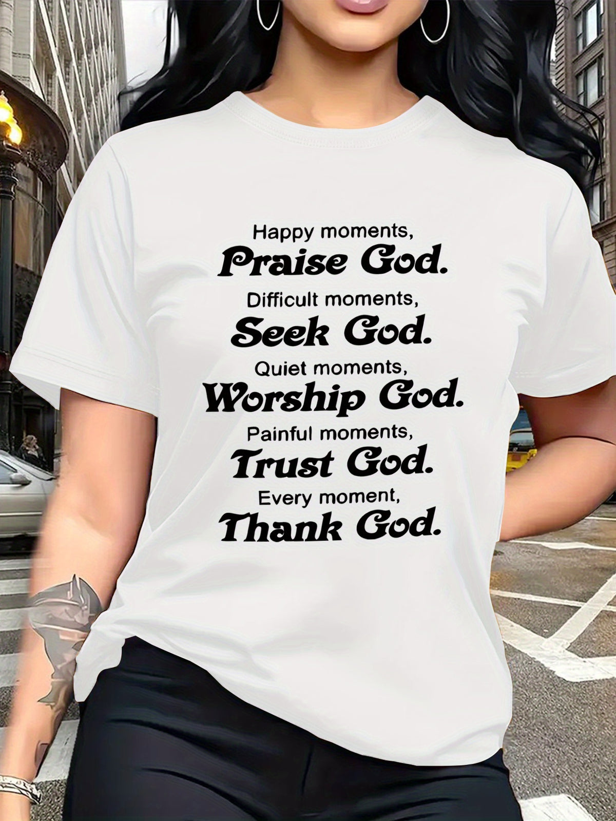 Women's Christian Faith T Shirt, Inspirational Religious Graphic Tee, Praise God Bible Quote Shirt, Spiritual Message Short Sleeve Cotton Top