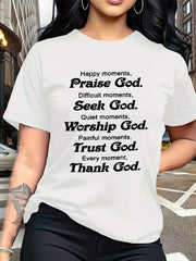 Women's Christian Faith T Shirt, Inspirational Religious Graphic Tee, Praise God Bible Quote Shirt, Spiritual Message Short Sleeve Cotton Top