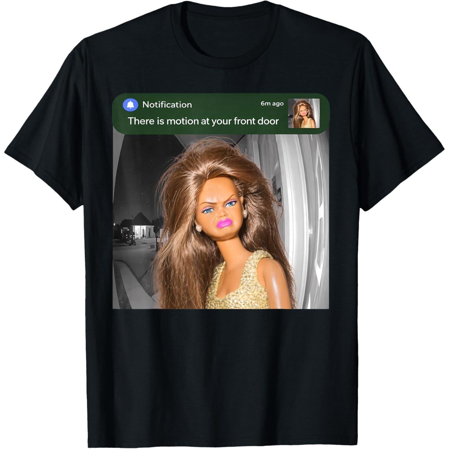 There Is Motion at Your Front Door Funny Doll Face Viral Meme Graphic T-Shirt - Smart Home Alert Parody Graphic Tee, Unisex Casual Top