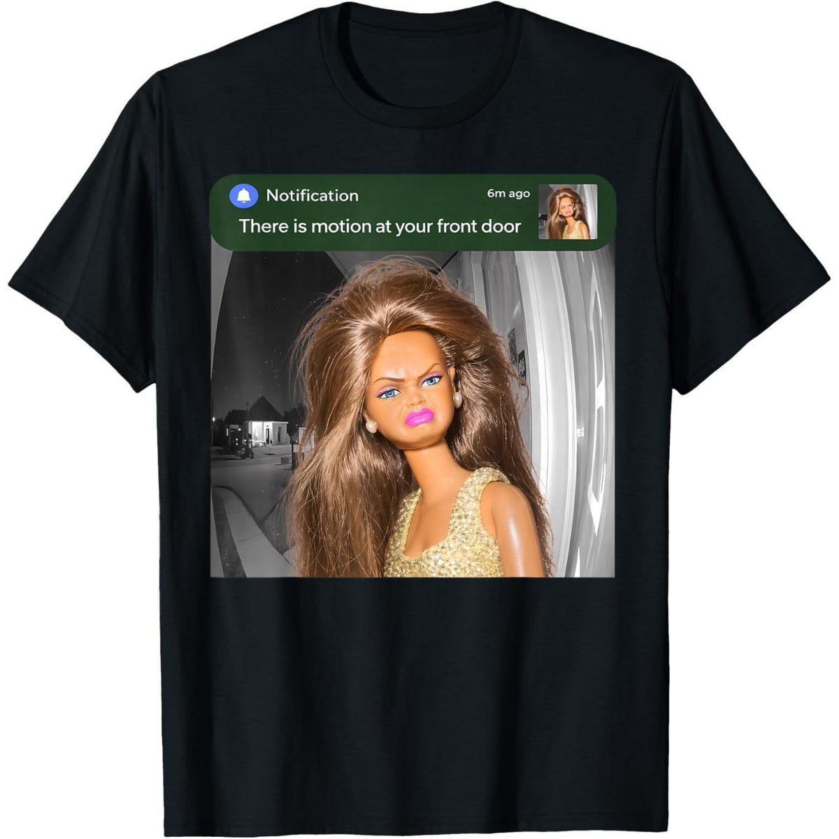 There Is Motion at Your Front Door Funny Doll Face Viral Meme Graphic T-Shirt - Smart Home Alert Parody Graphic Tee, Unisex Casual Top