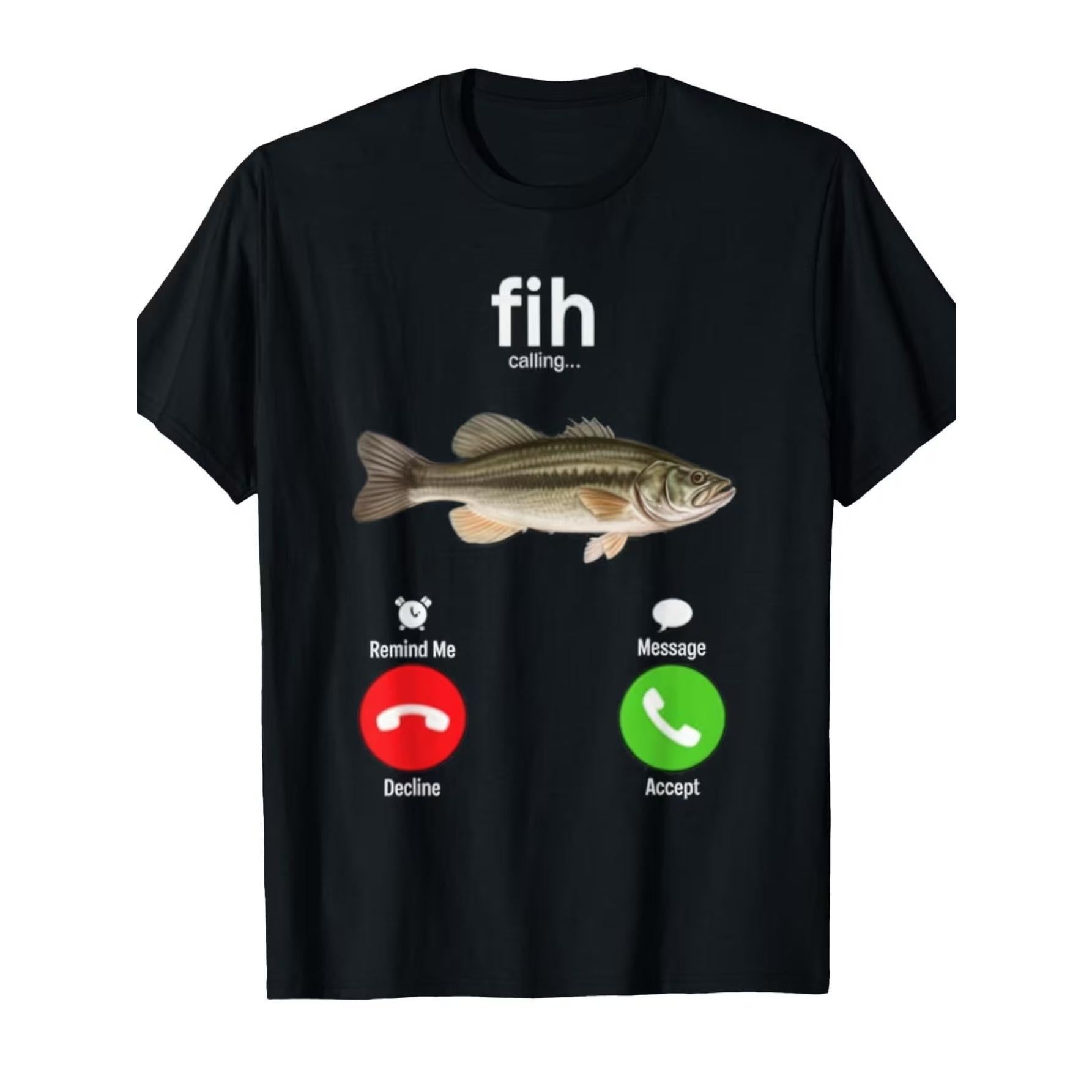 Fun Fishing Print T-Shirt - "Fish Are Calling" Fish-Shaped Design with Answer- Lightweight Casual Tee for Anglers And Tech Enthusiasts , Fishing Shirt