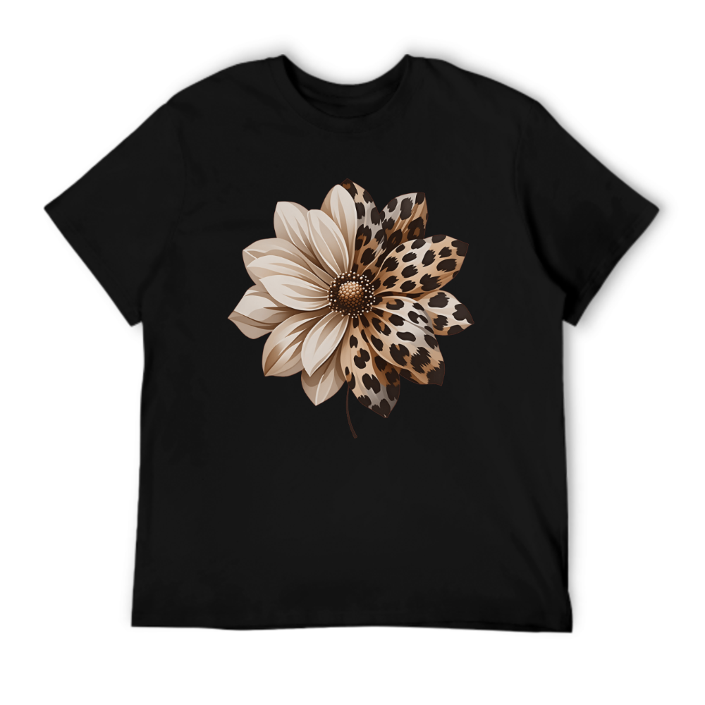 Women'S Elegant Style Plus Size Short Sleeve, Half Leopard Print Half Solid Dahlia Pattern Round Neck Comfortable