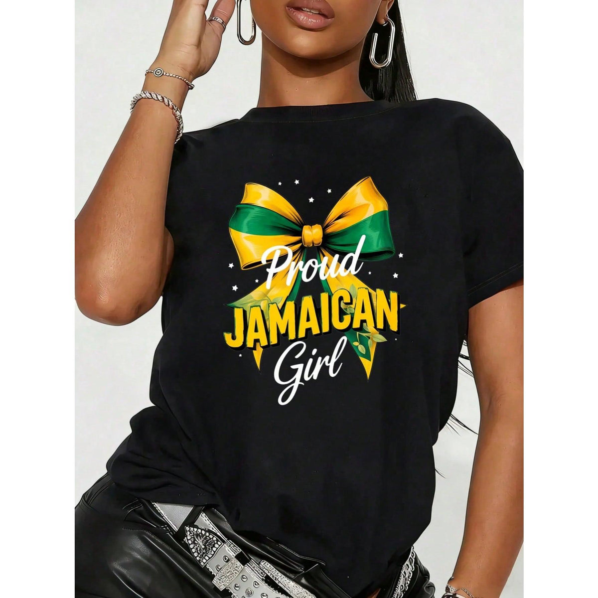 “Proud Jamaican Girl” Green Yellow Bow Graphic T-Shirt – Fun Women‘s Island Heritage Tee, Casual Holiday Party Crewneck