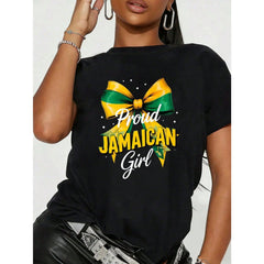 “Proud Jamaican Girl” Green Yellow Bow Graphic T-Shirt – Fun Women‘s Island Heritage Tee, Casual Holiday Party Crewneck