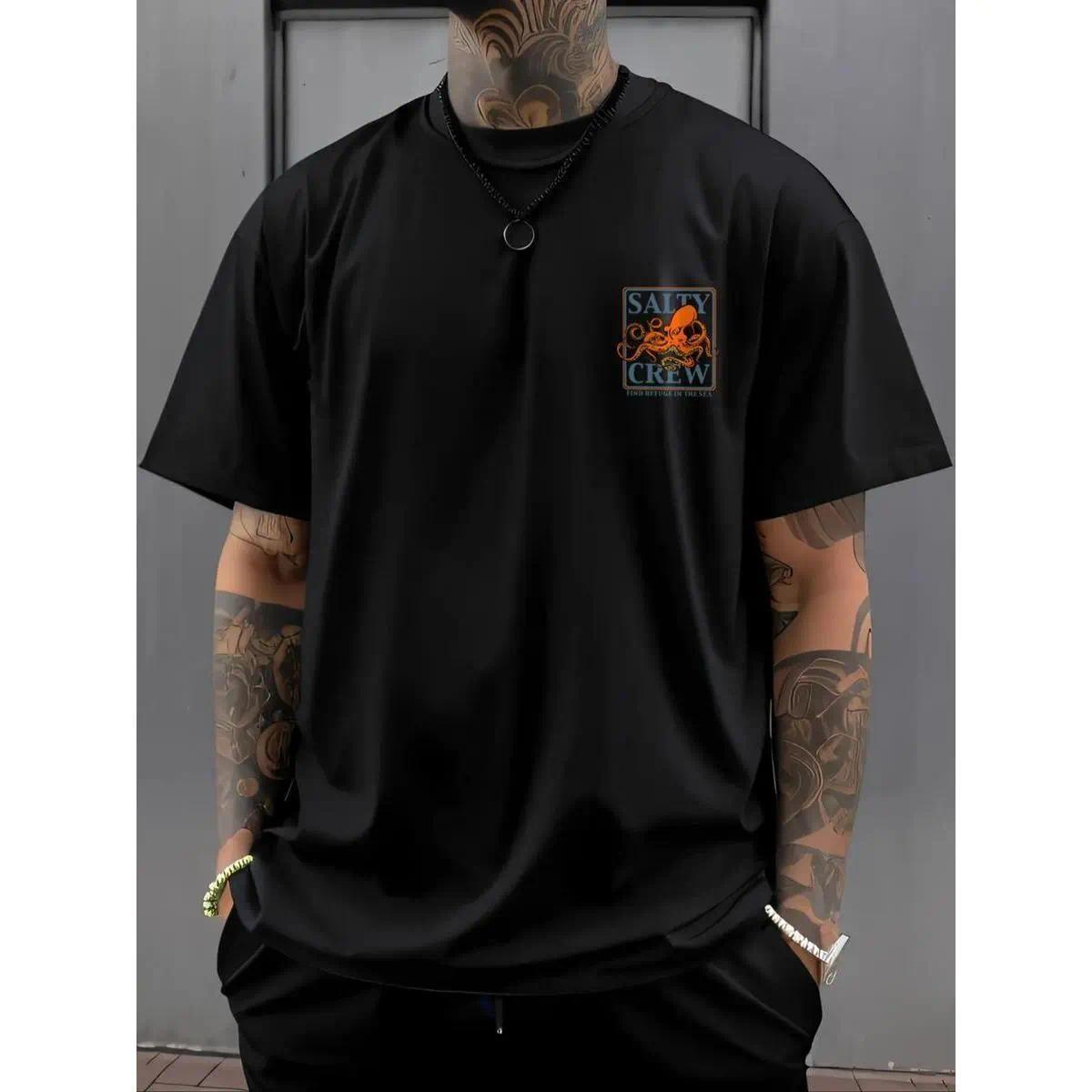 Men's Octopus Print Round Neck Tee, Fashion Casual Short Sleeve T-shirt