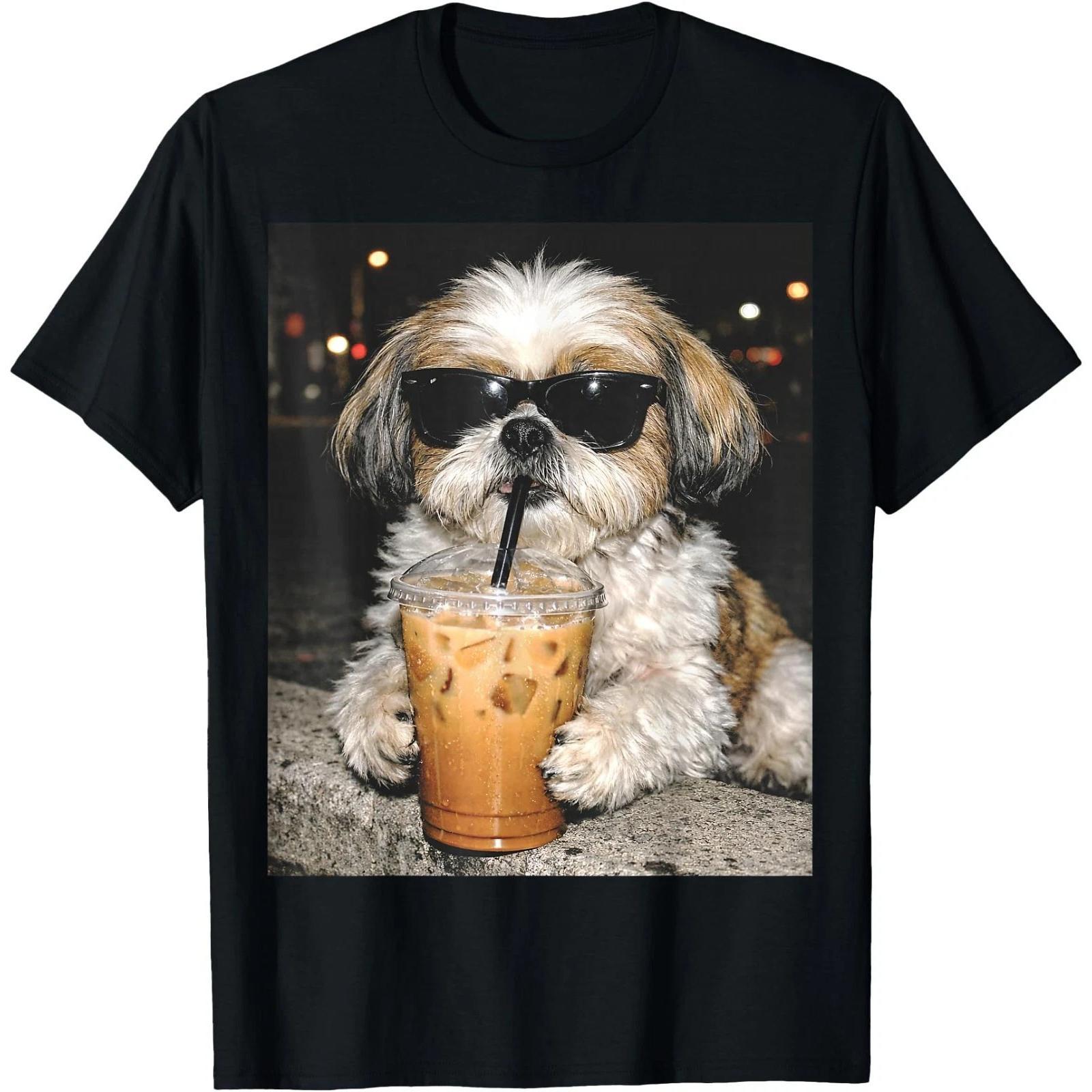 Funny Shih Tzu Drinking Iced Coffee Dog Meme Graphic Tee for Men Women, Cute Pet Lover Short Sleeve T-Shirt, Casual Crew Neck Top for Coffee Lover Gift