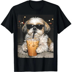 Funny Shih Tzu Drinking Iced Coffee Dog Meme Graphic Tee for Men Women, Cute Pet Lover Short Sleeve T-Shirt, Casual Crew Neck Top for Coffee Lover Gift