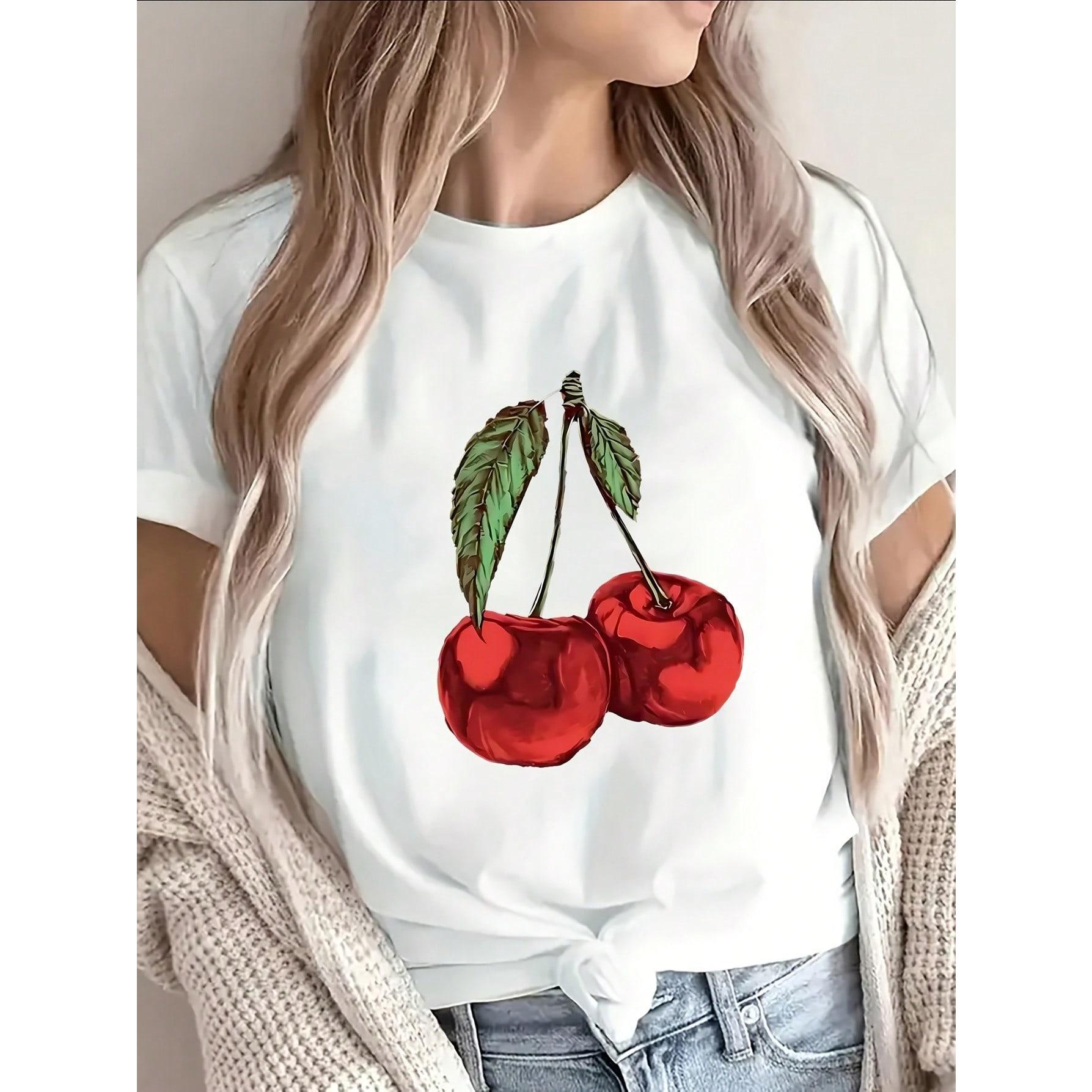 Short-Sleeve T-Shirt Featuring A Cherry Design, Ideal For Casual Occasions At Home, In Restaurants, Or Outdoors