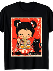 Cute Japanese Inspired Graphic T-Shirt for Women, Kawaii Ramen Bowl Girl and Black Cat Retro Print Casual Crew Neck Short Sleeve Tee