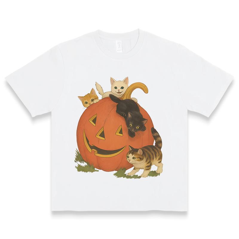 Cotton Vintage 90s Cat Halloween Shirt, Retro Cute Cats Fall Vibes T-shirt, Vintage Jack-o-lantern Graphic Tee, Cat Lovers Outfits