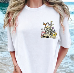 Women’s Floral Skeleton & Butterfly Graphic Print T-Shirt - "Good Energy Is Contagious" Short Sleeve Crew Neck Casual Top
