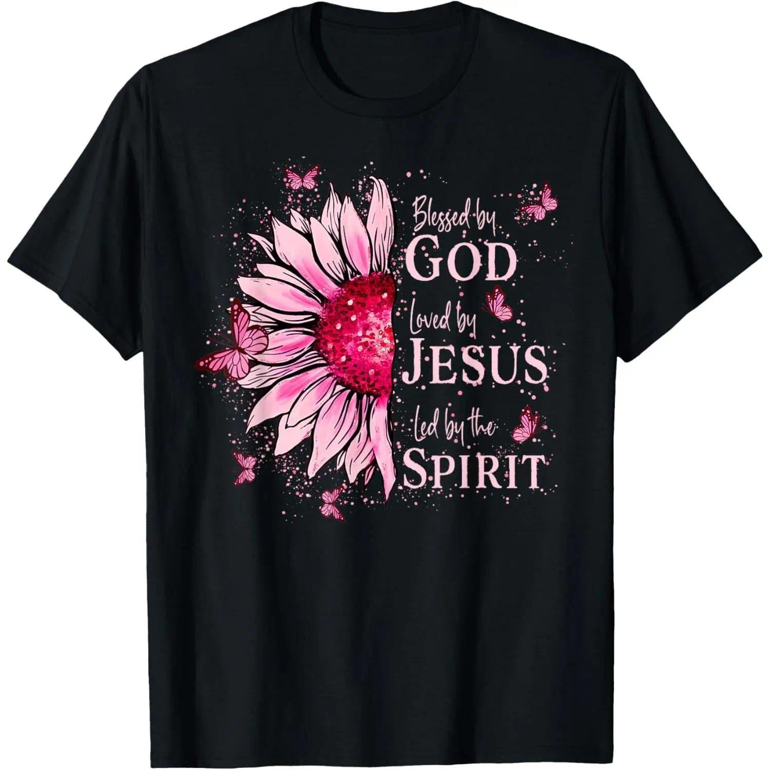 Blessed By God Loved By Jesus Pink Sunflower Butterfly Graphic Short‑Sleeve T‑Shirt