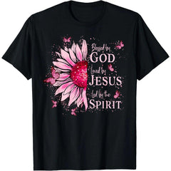 Blessed By God Loved By Jesus Pink Sunflower Butterfly Graphic Short‑Sleeve T‑Shirt