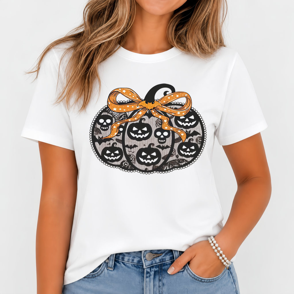Fashion New Women's Round Neck T-Shirt Halloween Pumpkin Skull Bow Print Top